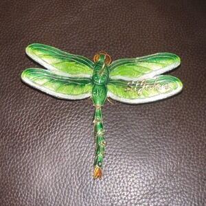 St. John Green Enamel Dragonfly Brooch Pin Gold Tone Designer Jewelry Accessory